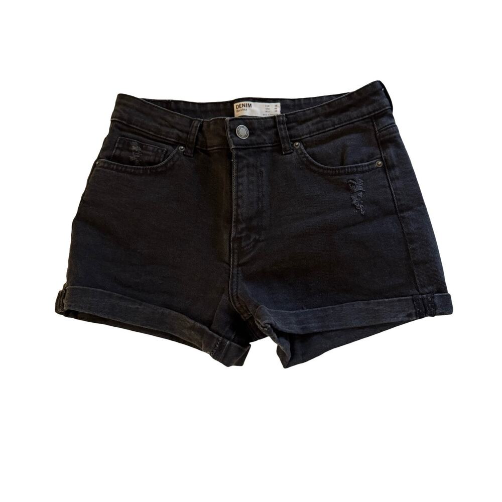 Bershka Jean Shorts Womens Size 6 Black Denim Cuffed Distressed Zip Close 28"W